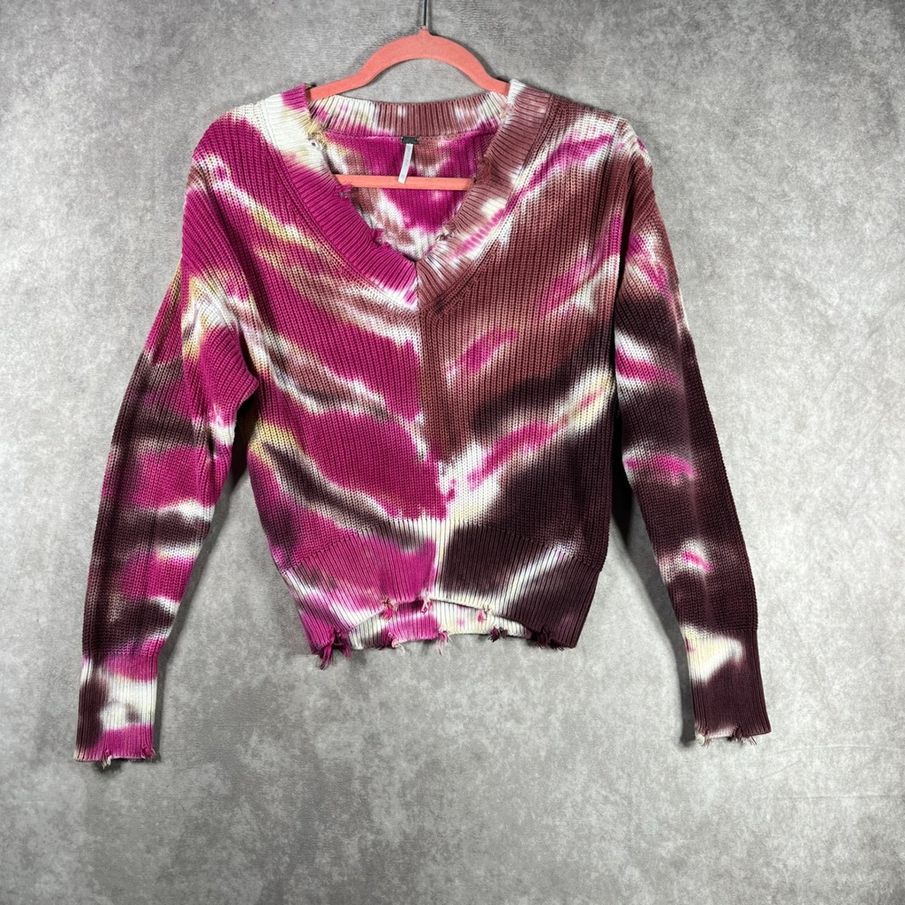 YFB Tie Dye Knit Sweater Womens XS V Neck Pullover Pink Brown Boho Festival‎